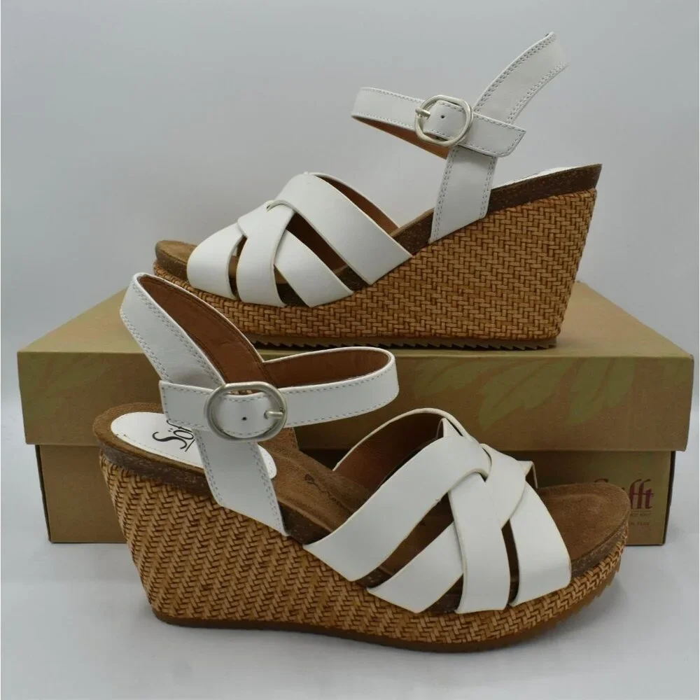 Sofft Womens‎ Size 9.5 Carlana White Leather Woven Open Toe Wedge Sandals Shoes